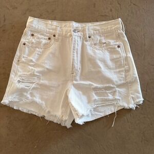 American Eagle White Distressed Denim Shorts High Waisted Raw Hem Womens Size 10